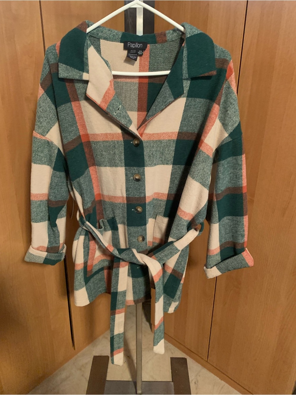 Papillon Blanc Green, Cream & Orange Plaid Tie-Waist Utility Jacket